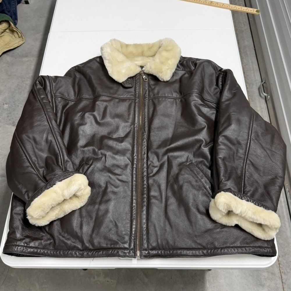 Wilsons Leather Bomber Jacket Mens 3XL Brown Fair Faux Fur Lined Aviator Coat